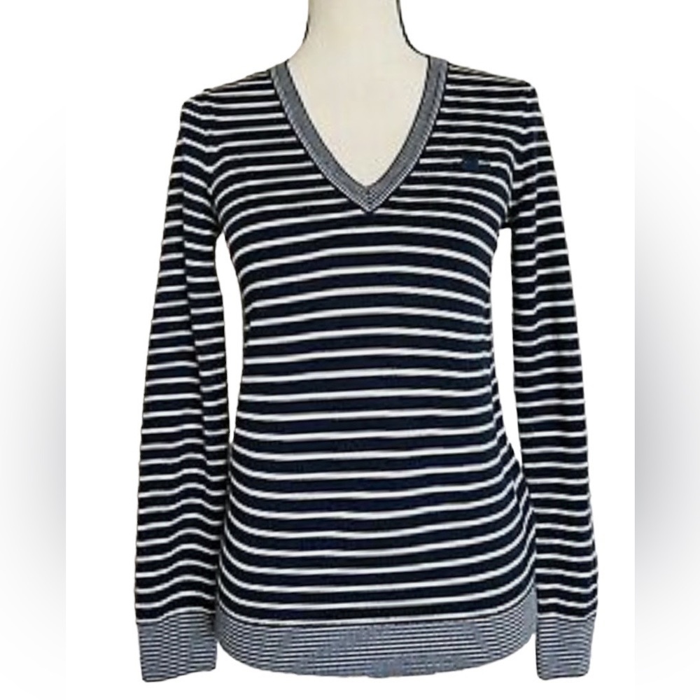 New Lacoste women V-neck wool blend striped sweater in navy blue & white size 36